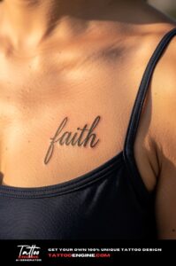Healed cursive "faith" tattoo on a woman's collarbone, camisole strap nudged aside.
