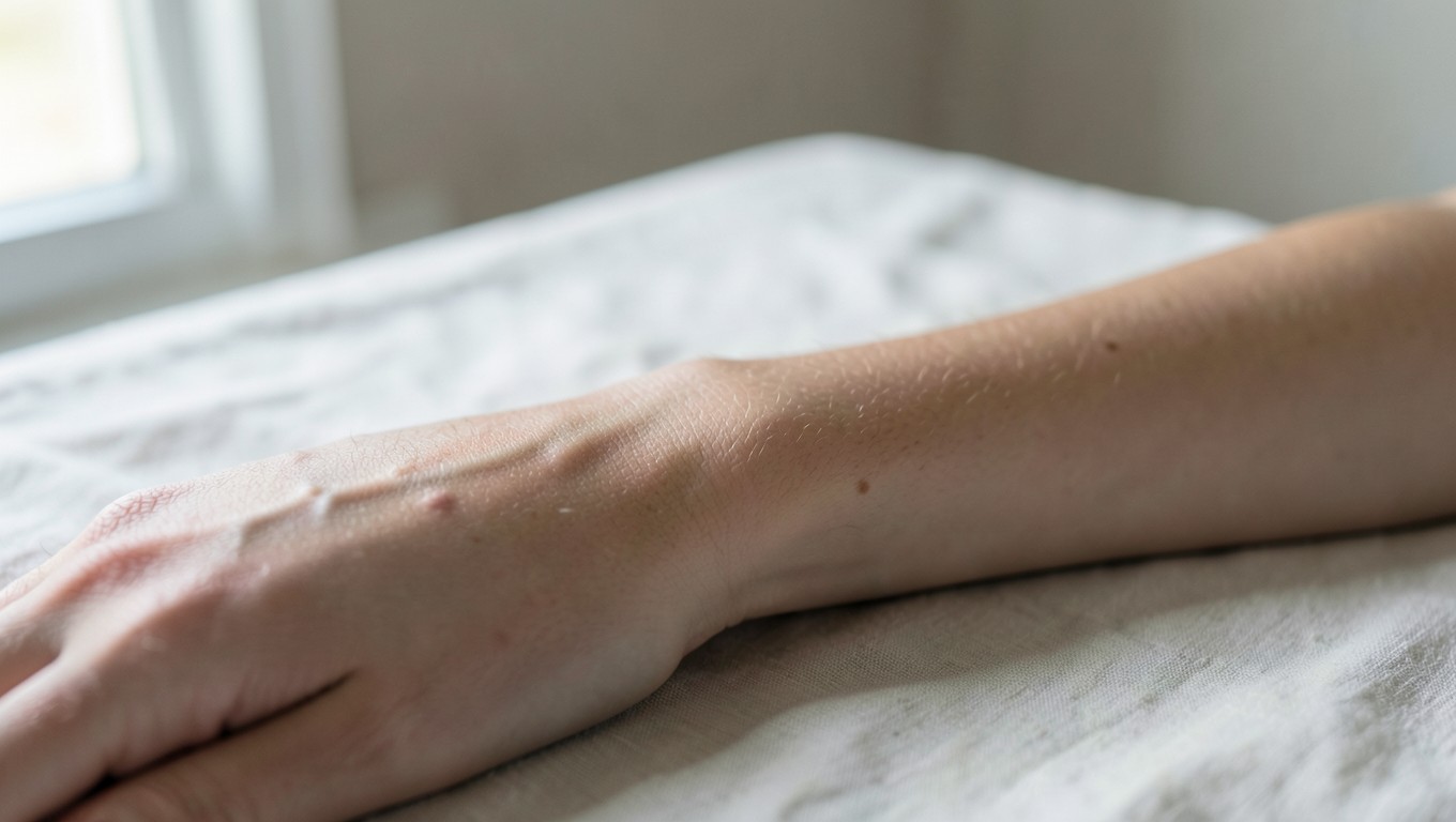 A healing tattoo on a forearm in soft natural light, skin calm and lightly peeling