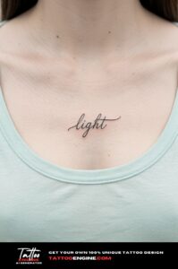 Healed "light" script tattoo on a woman's collarbone, mint t-shirt neckline pulled wide.