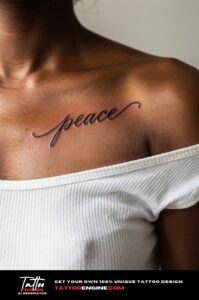 A woman&rsquo;s collarbone with a healed script tattoo "peace", tank top strap off shoulder.