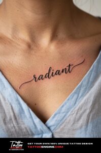 Healed script tattoo "radiant" on a woman's collarbone, blue blouse neckline softly pulled.