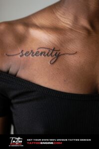 Healed script tattoo "serenity" on a woman's collarbone, tank top strap slipped aside.