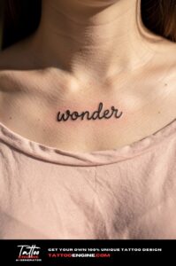 Healed handwritten "wander" tattoo on a woman's collarbone, pink t-shirt wide neckline.