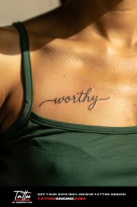 Healed script tattoo "worthy" in cursive on a woman's collarbone, camisole strap aside.