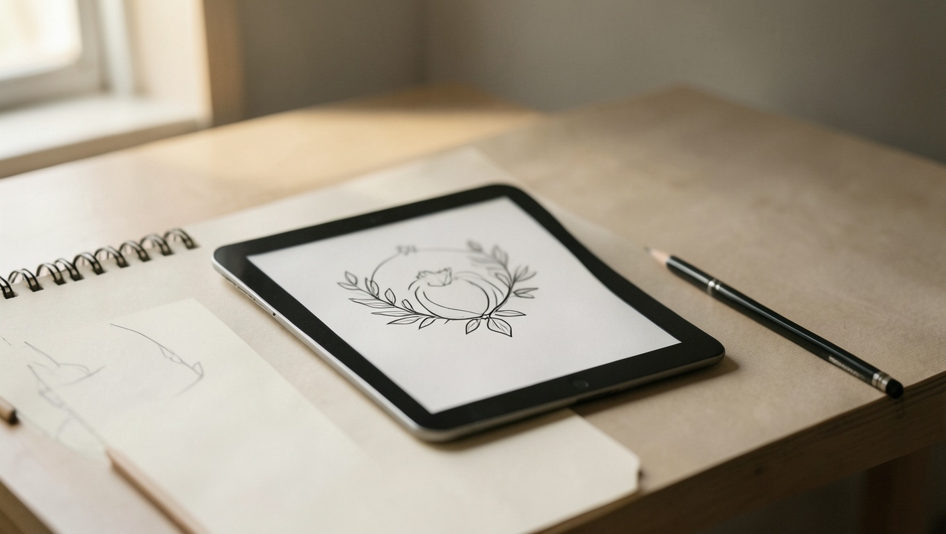 A tablet with a tattoo design concept beside a sketchpad on a studio desk