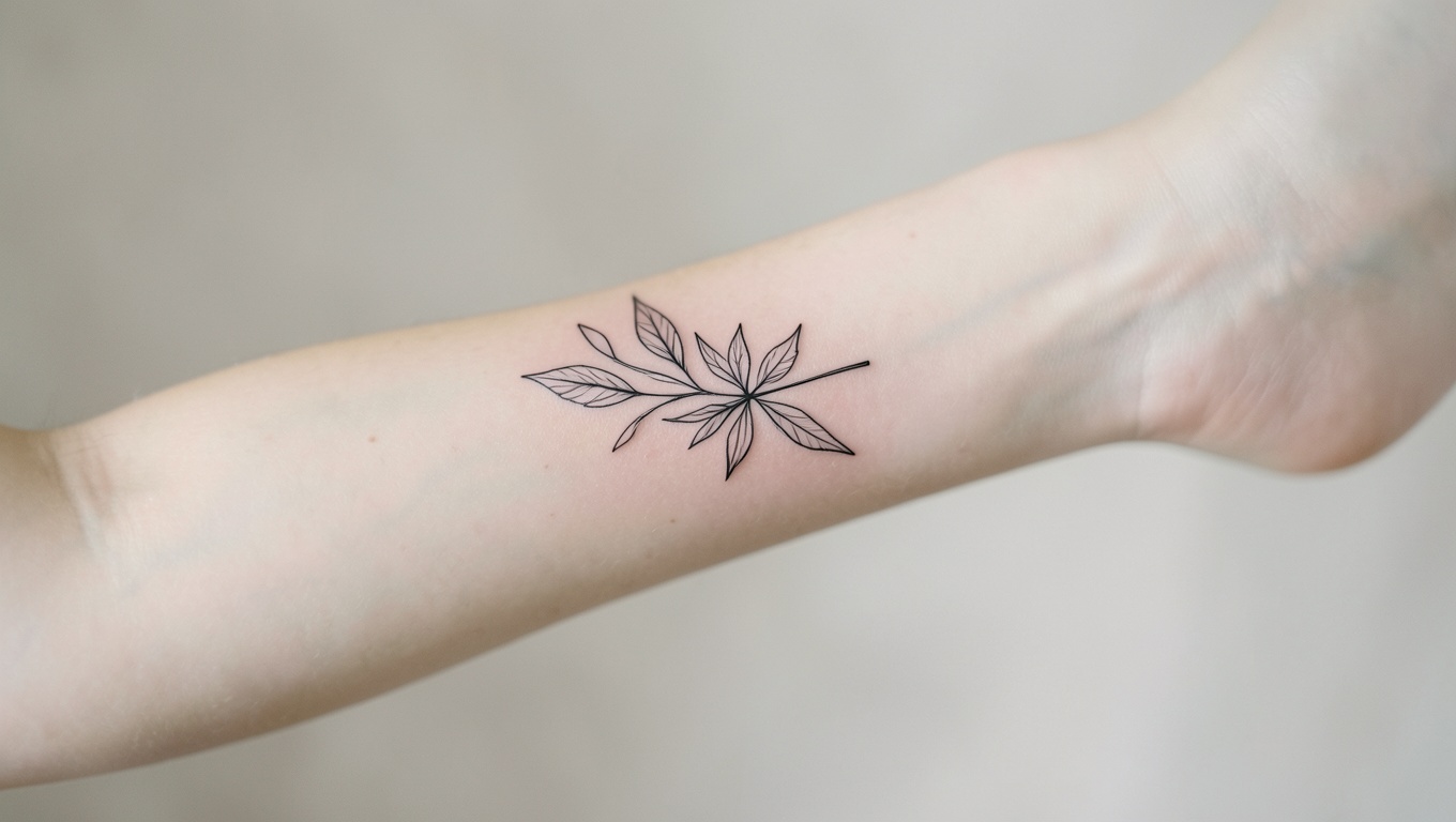 A delicate fine-line botanical tattoo on an inner forearm in soft light