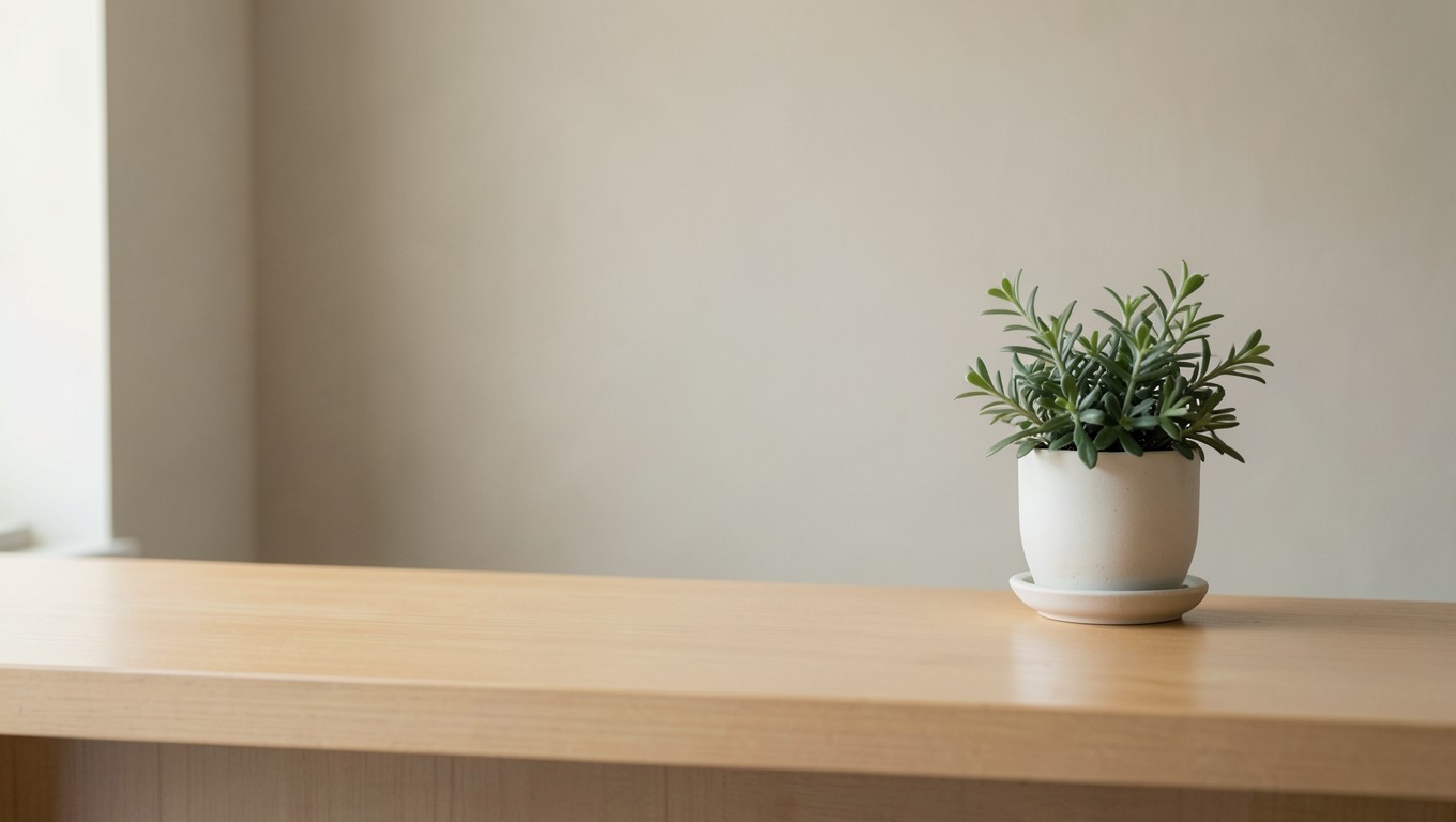 A clean, minimal tattoo studio reception desk in warm light