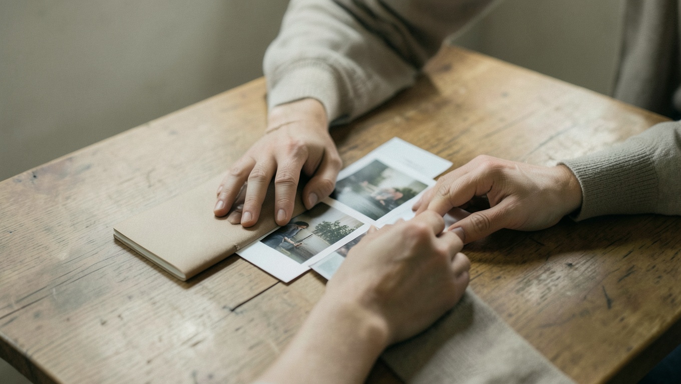 Hands arranging tattoo reference photos and a notebook on a table