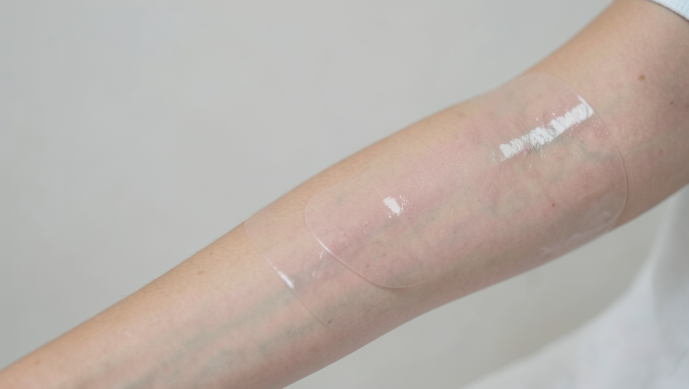 A clear second-skin healing film over a fresh tattoo on an upper arm