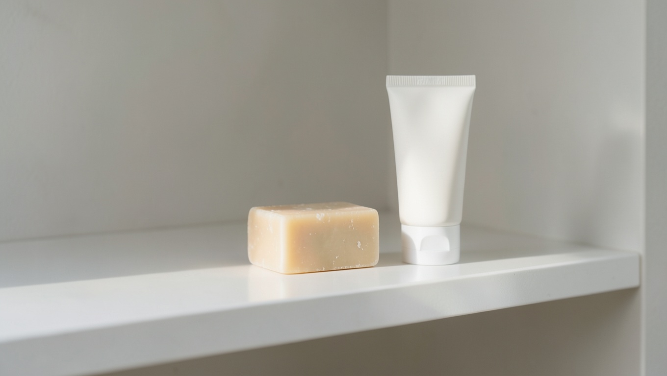 Fragrance-free soap and a plain tube of tattoo aftercare balm on a clean shelf