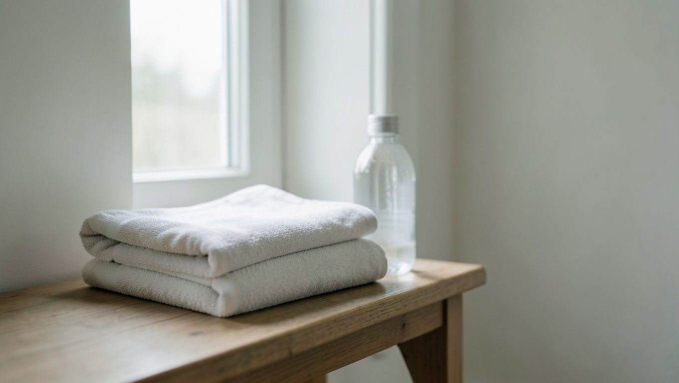 A folded towel and water bottle on a bench in soft daylight
