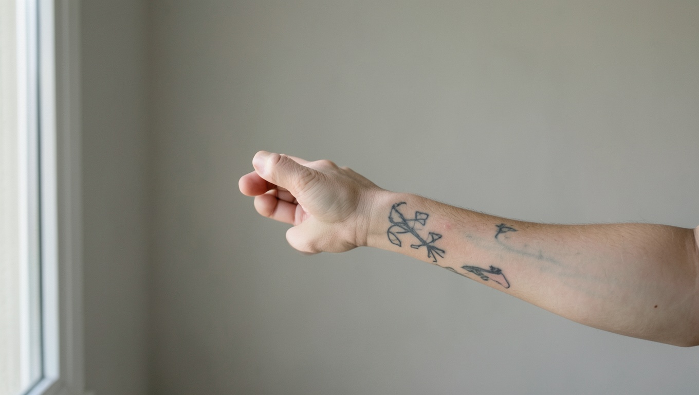 A healed forearm tattoo in soft natural light