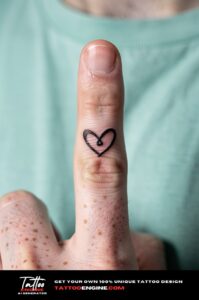 Bold abstract heart tattoo on outer middle finger, crisp and clear on pale skin.