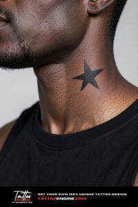Single bold black star tattooed below the jaw on deep ebony skin.