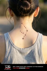 Five small fine-line star tattoos in a diagonal constellation on the nape and upper back.