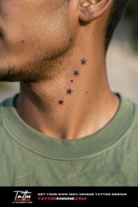 Three tiny outlined stars in a diagonal below a man's left ear.