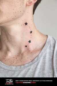 Four tiny dotwork stars in a curved constellation on a man's neck.