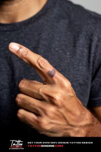 Black dotwork heart tattoo on outer middle finger, minimalist and crisp on olive skin.