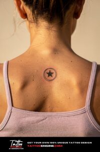 Tiny solid black star encircled by a fine ring on the nape of the neck.