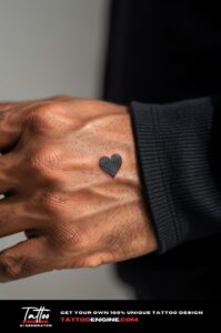 Tiny filled black heart tattoo on inside of middle finger, bold and neat on brown skin.
