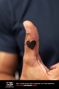 Small filled black heart tattoo on outer pinky finger, crisp and healed on tan skin.