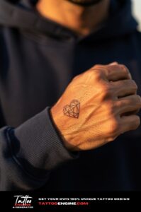 Geometric linework heart tattoo at base of ring finger, crisp against brown skin.
