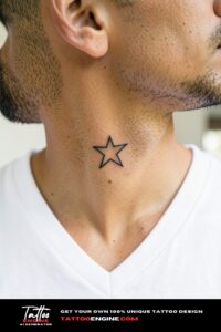 Minimalist hollow star tattoo beneath a man's left earlobe.