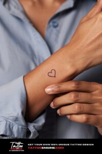 Minimalist black heart outline tattoo on side of woman’s index finger, crisp and fully healed.