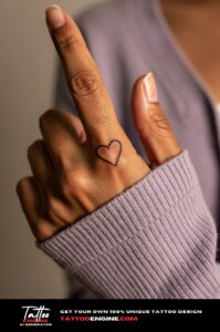 Tiny single-line heart tattoo on outer index finger, minimalist style, healed on brown skin.