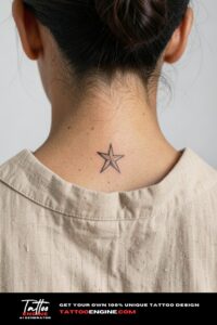 Minimal single star tattoo in fine black lines on the back of a woman&rsquo;s neck.
