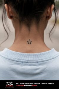 Minimal black star tattoo on the nape of a woman's neck, hair up, crisp outline.