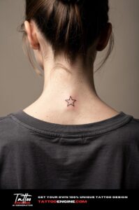 Minimalist black star outline tattoo at the nape of a young woman's neck.