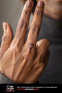Tiny open-heart black line tattoo on side of index finger, crisp on brown skin.