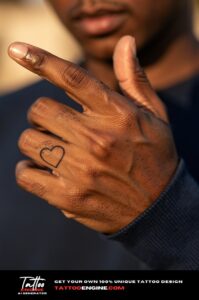 Delicate heart outline tattoo on the outer middle finger of a hand with deep brown skin.