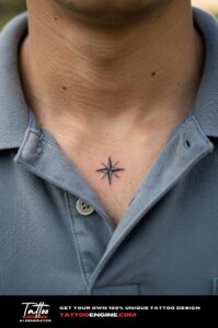 Minimalist black star with rays tattooed above a man's collarbone.