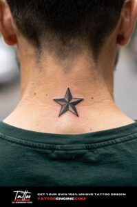 Black and grey shaded star tattoo centered on a man's nape.