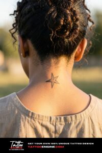 Single-line black star tattoo at the center of a woman's nape.