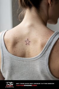 Minimalist star tattoo to the left of the spine at the neck's base.