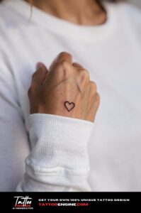 Single-needle black heart tattoo just below pinky tip, delicate on olive skin.