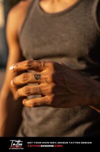 Solid black heart tattoo on middle finger, small and bold against brown skin.
