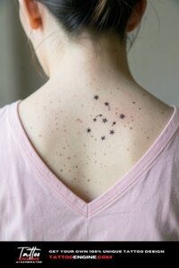Cluster of five fine-line stars swirling on the right nape of a woman's neck.