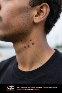 Three tiny star outline tattoos in a constellation pattern on the side of a man&rsquo;s neck.