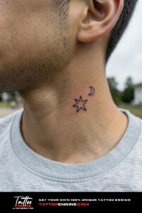 Minimalist fine-line star and crescent moon tattooed below the right ear.
