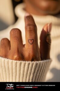 Small heart outline tattoo on the side of a woman's pinky finger in warm sunlight.
