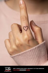Minimalist heart tattoo on a woman's index finger knuckle, photographed in soft studio light.