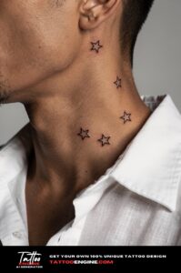Three small black star tattoos curving under a man's jaw, side neck view.