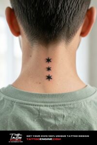 Three tiny solid black stars in a vertical line down the back of a man's neck.