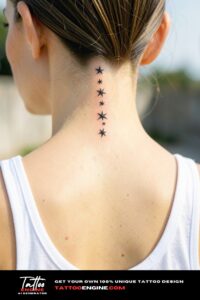 Three descending black star tattoos in a vertical line on the neck.