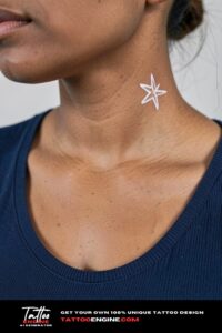 Tiny white ink star tattoo just below a woman's jaw, side neck, dark skin.