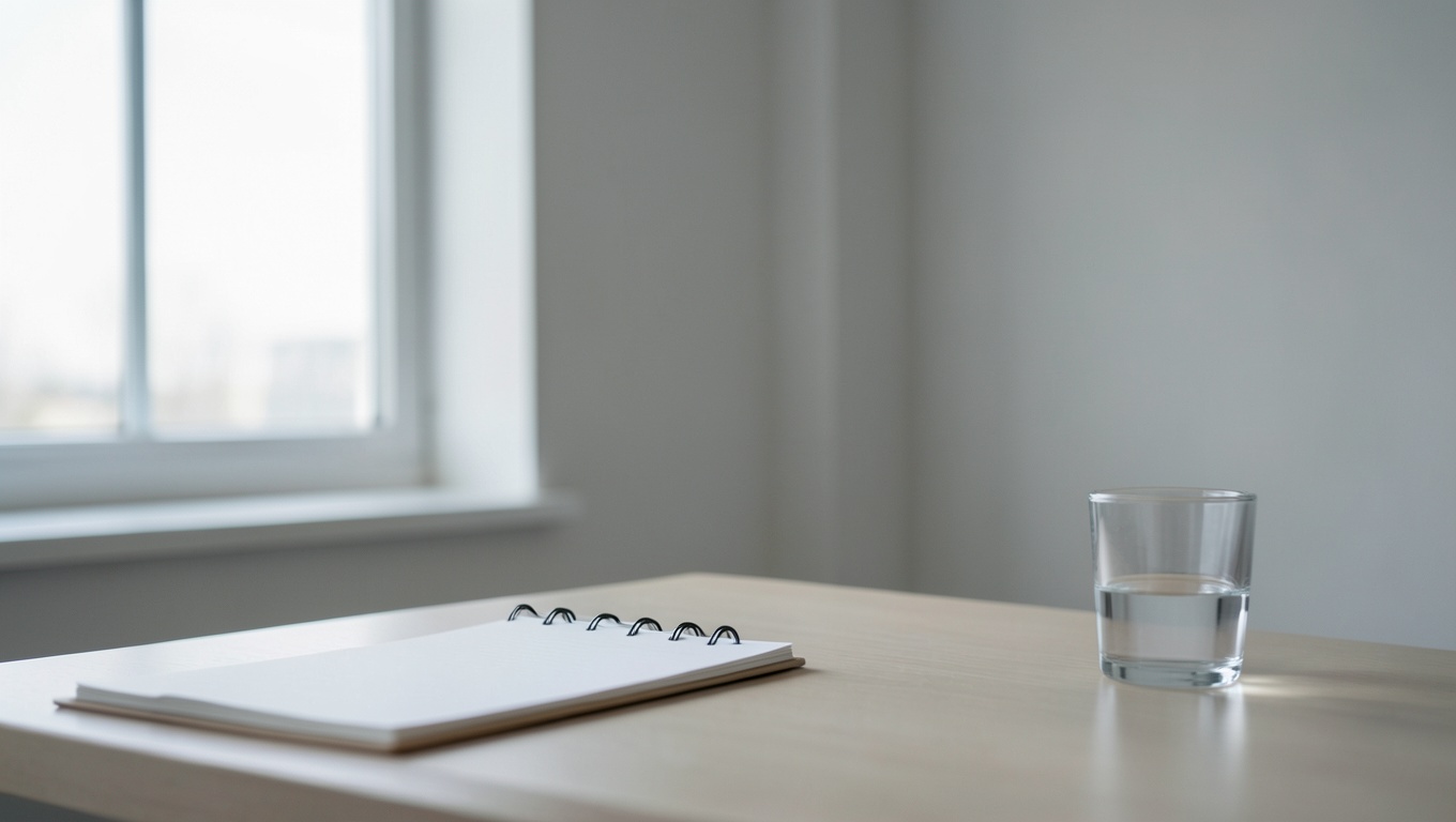 A calm desk with a notepad and glass of water in soft daylight